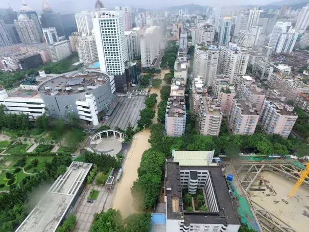 An aerial view of a flooded road in the city of Fuzhou, about 100 miles north of Typhoon Meranti’s landfall, on September 15, 2016. Photo: VCG, via Getty Images