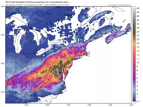 Snowfall totals generated by the 0Z Wednesday operational run of the GFS model for the period from 0Z Wednesday (7:00 pm EST Tuesday) to 0Z Monday (7:00 pm EST Sunday) Photo: Levi Cowan, tropicaltidbits.com