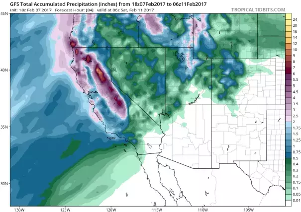 GFS total accumulated precipitation in inches from February 7 through 11, 2017. Image: Tropical Tidbits