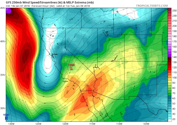 A strong, well-positioned jet streak will generate favorable conditions for intense rain rates and possibly thunderstorms across SoCal. Image: NCEP via tropicaltidbits.com