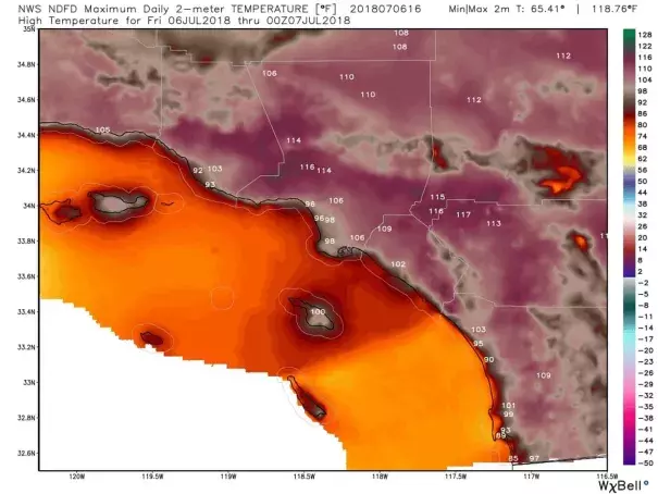 Forecast of high temperatures from the National Weather Service around Los Angeles on Friday. Credit: WeatherBell