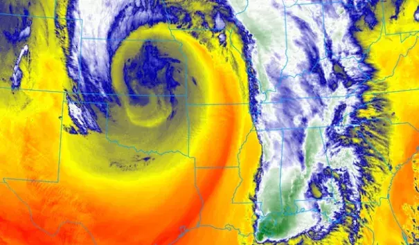 A spectacular GOES-16 low-level water-vapor satellite image of the midlatitude storm system spinning across the central U.S. at 5:17 pm CDT Sunday, April 30, 2017. Data from GOES-16 is non-operational and preliminary, as the satellite is still undergoing testing. Image: College of DuPage