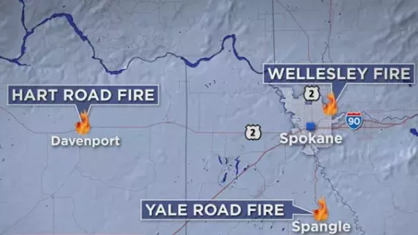Authorities are referring to the fires as the Hart Road Fire the Spokane Complex fire. Image: KIRO7