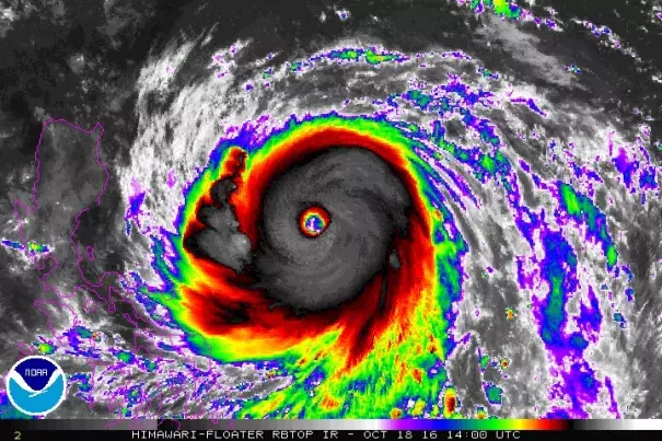Enhanced infrared image from Japan’s Himiwari-8 satellite of Super Typhoon Haima as of 1400Z (10:00 am EDT) Tuesday, October 18, 2016. Image: NOAA/NESDIS