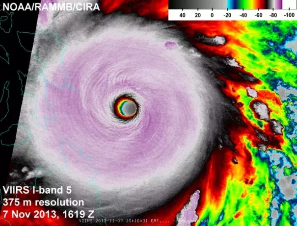 Infrared VIIRS image of the eye of Haiyan taken at 16:19 UTC November 7, 2013. At the time, Haiyan was at peak strength with 195 mph sustained winds. Image: NOAA, CIRA