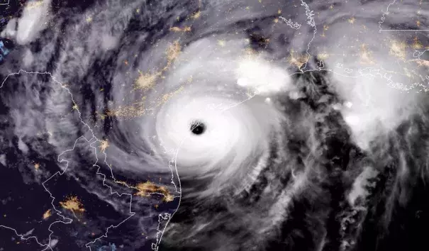 GOES-16 geocolor image of Harvey making landfall in Texas at 8 pm CDT August 25, 2017. Photo: NOAA Satellites. GOES-16 imagery is preliminary and non-operational.