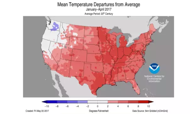 Temperature difference from normal over Lower 48, January to April 2017. Image: NOAA