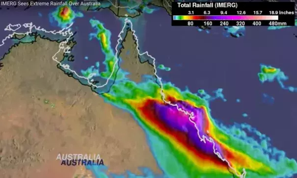 This NASA IMERG analysis showed an estimate of total precipitation accumulation over Queensland from May 17 to 19, 2017. IMERG total rainfall estimates indicated that up to 374 mm (14.5 inches) fell near the Queensland coast in this short period. Image: Hal Pierce, NASA/JAXA