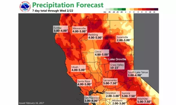 Predicted 7-day rainfall amounts in northern California beginning on Thursday, February 16. Image: NWS Sacramento