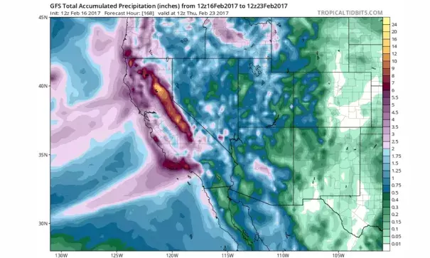 Very heavy precipitation expected across Southern California on Friday and Northern California on Monday (including the Feather River watershed). NCEP via tropicaltidbits.comVery heavy precipitation expected across Southern California on Friday and Northern California on Monday (including the Feather River watershed). Image: NCEP via tropicaltidbits.com