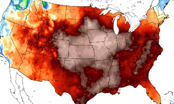 Daily high temperature departures from average for February so far. Notice a dominant color? Image: Weatherbell Analytics