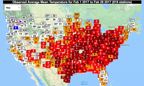 Many locations across the eastern two-thirds of the U.S. are on track to achieve their warmest February on record (red “1”) for rankings compiled across the period Feb. 1-26. Image: Southeastern Regional Climate Center