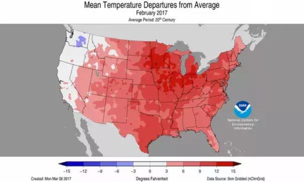 Temperatures across the contiguous United States in February 2017 compared to the twentieth-century average. Image: NOAA NCEI map
