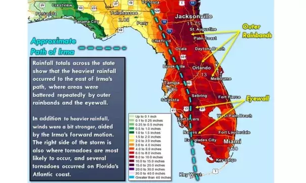 Rainfall from Hurricane Irma over Florida. Irma brought widespread rainfall amounts of 6 – 15” to the Lake Okeechobee watershed, which runs north-northwestward from the lake to the Orlando region. Image: NWS Tampa Bay
