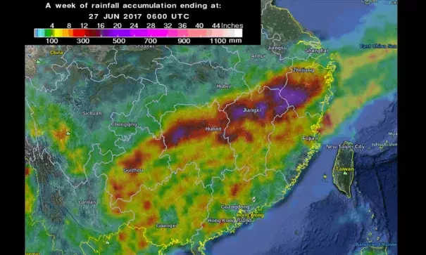7 days of rainfall accumulation by 06:00 UTC on June 27, 2017 - China. Image: NASA/JAXA GPM