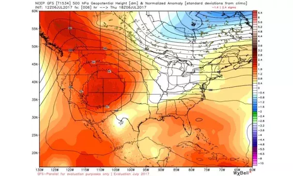 GFS model simulation of heat dome parked over western United States. Image: WeatherBell.com