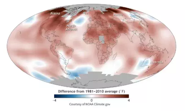 This map shows how much of the planet's surface had above-average temperatures in 2016. Image: NOAA Climate