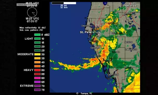 Tropical Storm Emily near the time of landfall in the Tampa Bay, Florida region, at 11:23 am EDT July 31, 2017, as seen by the Tampa radar. Image: Weather Underground, Category 6
