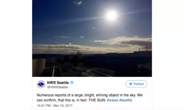 A mid-March sun sighting elicited a highly retweeted post from NWS-Seattle. Image: NWS Seattle on Twitter