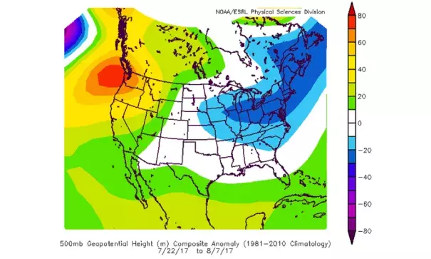 This map shows a pronounced area of much stronger-than-normal high pressure aloft (orange, red contours) near the Pacific Northwest from July 22 to Aug. 7, 2017, responsible for the excessive heat and dry weather. Image: NOAA/ESRL Physical Sciences Division