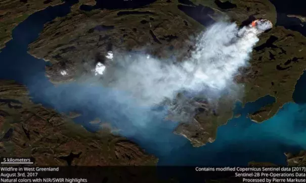 The Sentinel-2 satellite captured a wildfire burning in western Greenland. Image: Pierre Markuse, flickr