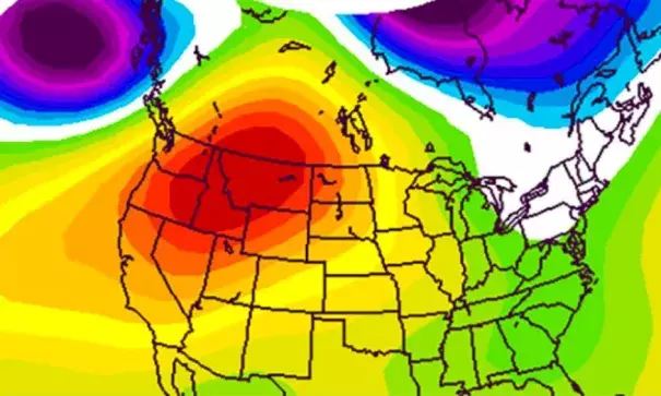 The dominant red and orange shaded areas represent high pressure in the upper atmosphere that engulfed the Northwest in July, resulting in extended dry weather. Image: The Weather Channel