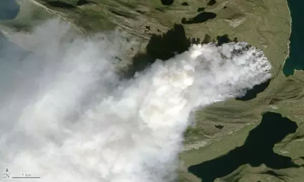 A close-up of the wildfire in west Greenland acquired on August 3. Photo: Jesse Allen, NASA Earth Observatory/US Geological Survey