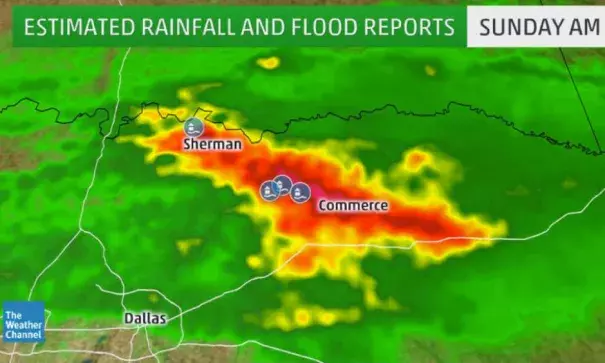 Darker orange and red shadings illustrate where the heaviest rain fell in northeast Texas on Sunday morning. Image: The Weather Channel