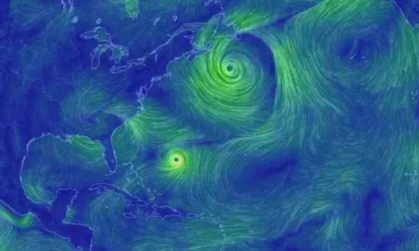 The current state of wind currents around the world. Hurricane Jose can be seen at the center of the image; the remnants of Irma can be seen just north of Florida. Image: EarthWindMap