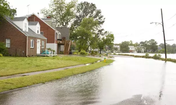 Some of the homes in Norfolk’s Larchmont-Edgewater neighborhood have been raised as flooding has become more common during high tides. Photo: Nicholas Kusnetz