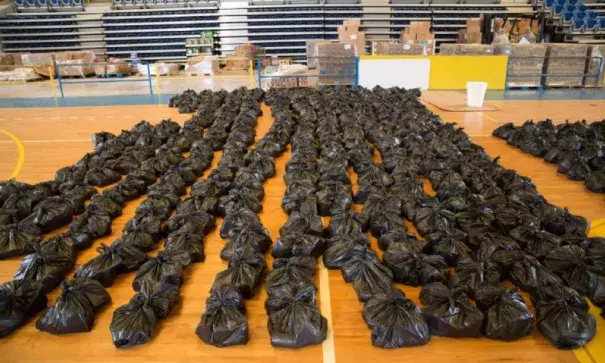 Supplies are gathered in a gymnasium in Barranquitas, Puerto Rico, October 28, 2017. Photo: Nydia Melendez, Puertoflash