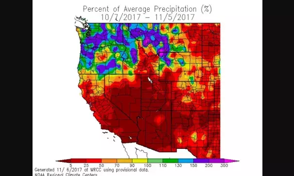 It has been a very dry autumn so far across most of California, but rather wet in the Pacific Northwest. Image: WRCC