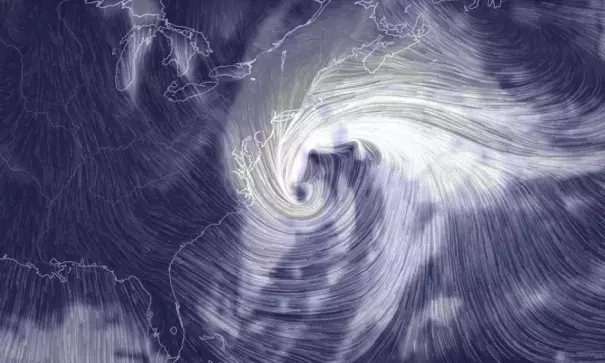 Computer model projection of the intense winter storm on Thursday, Jan. 4, 2018. Image:  earth.nullschool.net