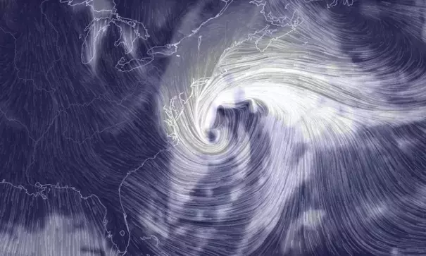 Computer model projection of the intense winter storm on Thursday, Jan. 4, 2018. Image: earth.nullschool.net