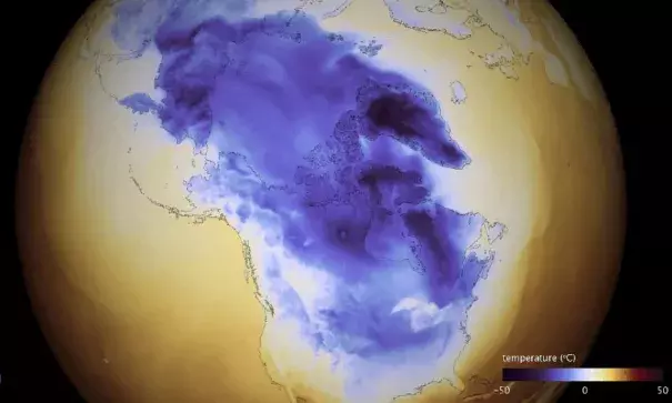 This data visualization shows very cold temperatures gripping large portions of North America on Jan. 1, 2018. The cold is a key ingredient in forming the "bomb cyclone" along the East Coast. Image: NOAA