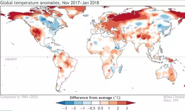 November 2017–January 2018 surface temperature patterns, shown as the difference from the long-term mean. Image: Climate.gov, CPC data