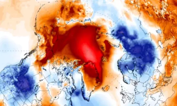 The temperature difference from normal over the Arctic averaged over the next five days in the GFS model forecast. Image: University of Maine Climate Reanalyzer