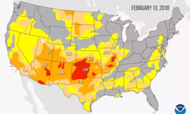 Yellow corresponds to abnormally dry, light orange to moderate drought, dark orange to severe drought, and red to extreme drought. Image: NOAA Climate.gov