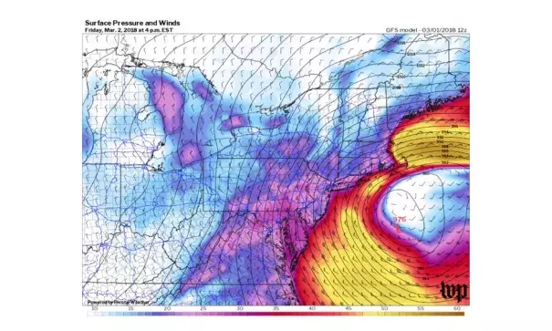 This storm will bring coastal flooding, damaging winds and snow to the Northeast on Friday and Saturday. Image: The Washington Post