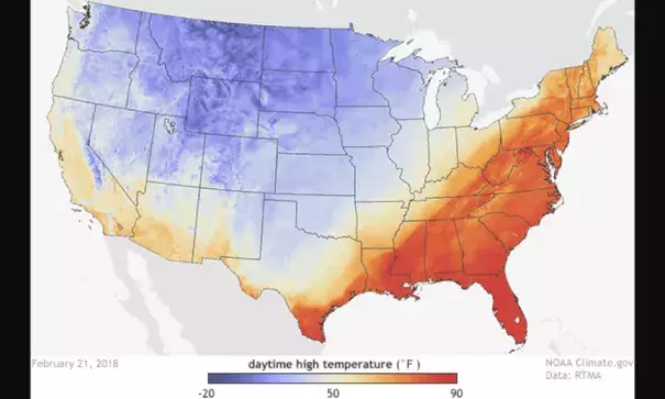 High temperatures across the United States on February 21, 2018 according to data from NOAA's Real-Time Mesoscale Analysis (RTMA). Summer-like temperatures were observed across the eastern United States, while the western half of the country observed below-average temperatures. Image: NOAA Climate.gov, with data provided by NOAA's Environmental Visualization Lab, based on NOAA RTMA data