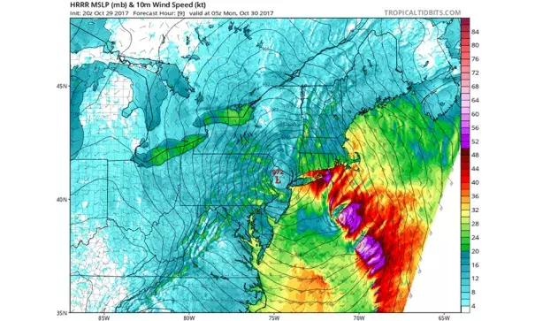 Surface wind forecast valid at 1 am EDT Monday, October 30, 2017, from the 20Z (4 pm EDT) Sunday run of the HRRR model. Winds near 50 knots (58 mph, purple colors) were predicted near the eastern tip of Long Island, NY, and near the coasts of Rhode Island and Connecticut. Image: tropicaltidbits.com