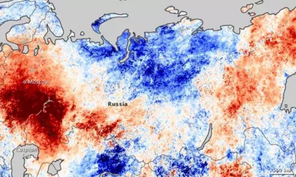 This map shows how much temperatures over Russia varied from normal between July 20-27, 2010. The strong concentration of deep red over eastern Russia reflects the weeks-long heat wave that gripped the region that summer. Photo: NASA