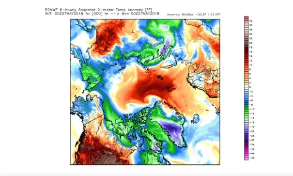 Temperature difference from normal over the Arctic analyzed by European model on May 7. Image: WeatherBell.com