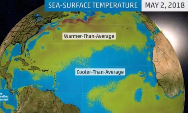 Cooler-than-average sea-surface temperatures dominated the tropical Atlantic Ocean as of early May. Parts of the western and central Atlantic are warmer than average. Image: The Weather Channel