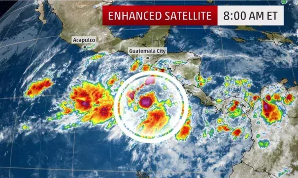 Satellite imagery over the eastern Pacific. The area circled is Invest 90E which is being monitored for development. Photo: The Weather Channel