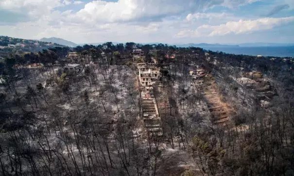 An aerial view of the damage caused by the wildfire near Mati. Photo: Savas Karmaniolas, Agence France-Presse, Getty Images