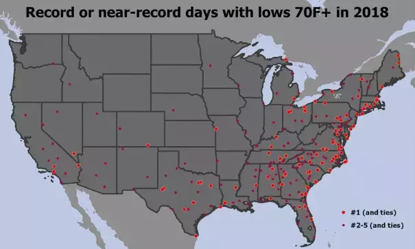 Many places along the East Coast and the country overall are seeing more warm lows than ever before. Image: Ian Livingston, Washington Post