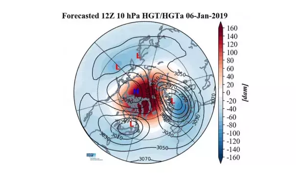 Computer model projected 10 mb geopotential heights (dam; contours) across the Northern Hemisphere for Jan. 2 through Jan. 18. Image: GFS model via Judah Cohen/AER Verisk