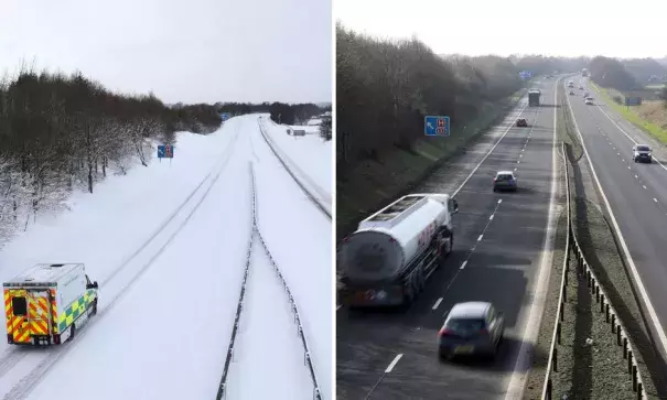 The M876 motorway in Scotland on 31 January last year, during the Beast from the East, and in February this year. Photo: Andrew Milligan, PA