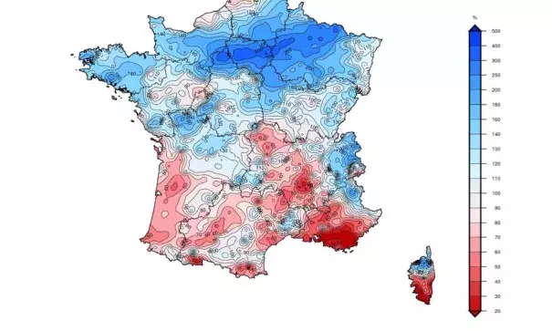 Rainfall totals for May 2019 compared to the 1981-2010 average monthly reference of precipitation totals. Image: Météo France